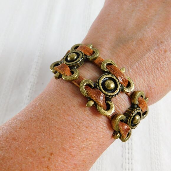 Leatherock USA Brass Genuine Leather Bracelet Cuff Marked LR Brown 7.5" EUC - Picture 13 of 13